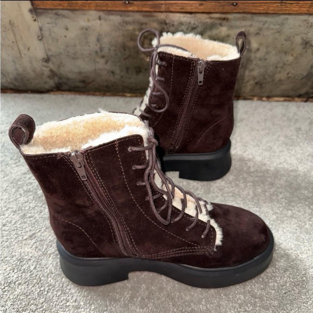 NWOB Steve Madden Jazmin Faux Fur-lined Suede Lace-Up Side Zip Combat Boot in 6 - Picture 4 of 11